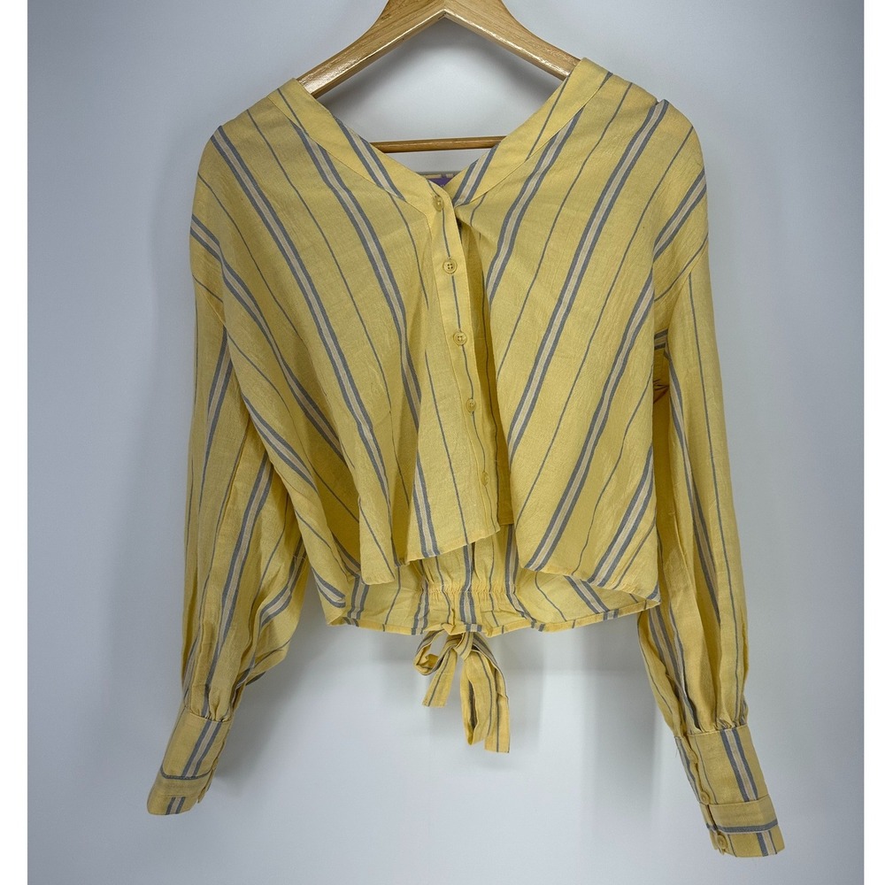 Lotus & Lavender Blouse Womens Medium Yellow Striped Tie Back Crop Top Boho Puff